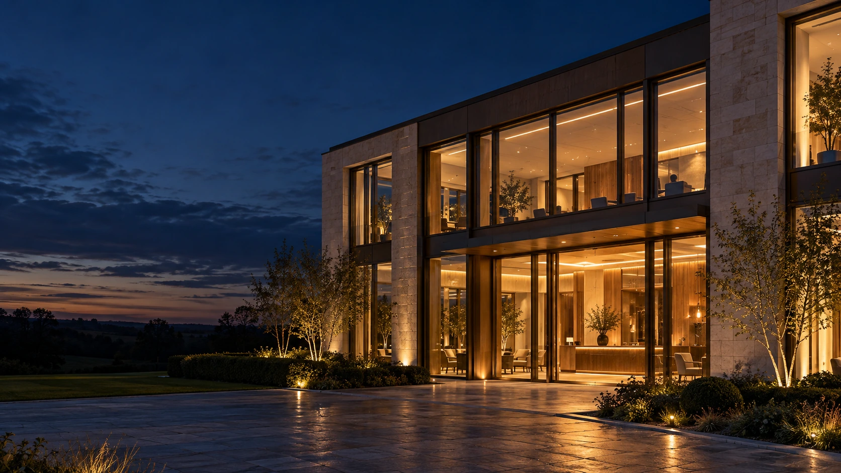 Illustrative contemporary commercial building with warm interiors at dusk